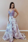 Spaghetti Straps A-line Prom Dresses Lace Floral V Neck Purple Formal Dresses PW529