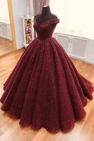 Sparkle Ball Gown V Neck Burgundy Off the Shoulder Prom Dress, Quinceanera Dresses P1037