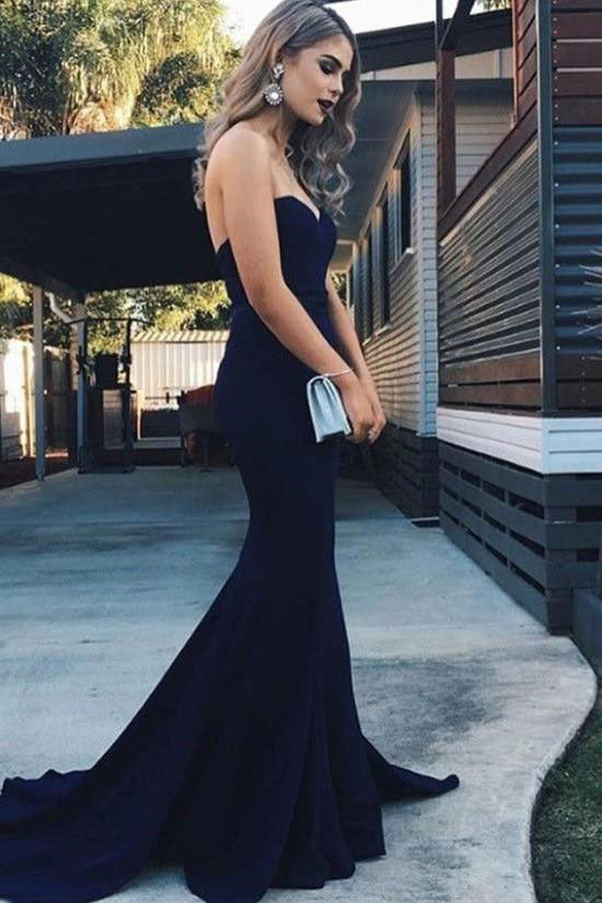 Strapless Mermaid Prom Gowns with Sweep Train Navy Blue Backless Prom Dresses PW488