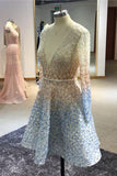 Stunning Beaded Sequins Long Sleeve V Neck Homecoming Dresses Short Prom Dresses H1083