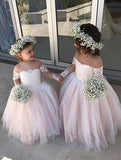 Cute Off the Shoulder Long Sleeve Pink Lace Appliques Tulle Flower Girl Dresses PW289