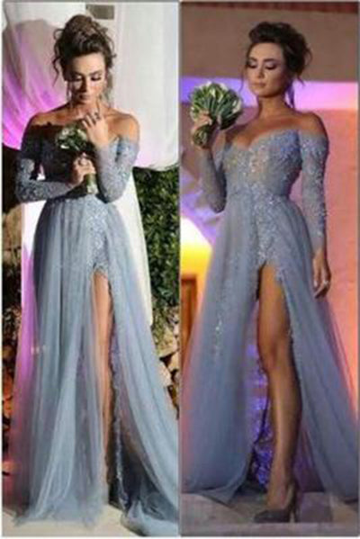Elegant Grey Off the Shoulder Appliques Long-Sleeves Prom Gowns