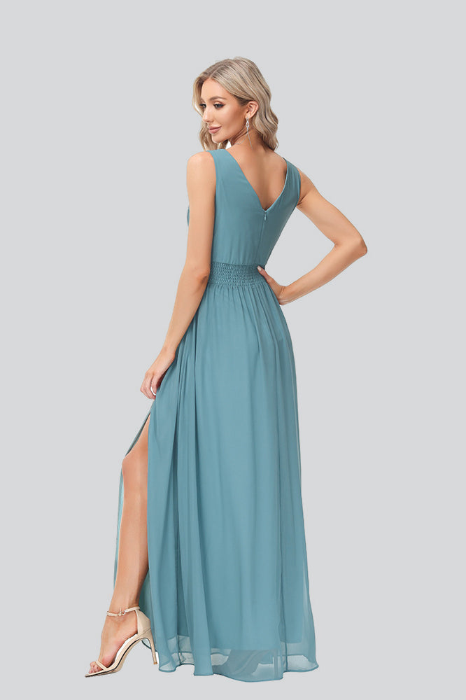 Sleeveless A Line Pleated Long Bridesmaid Dresses with Slit