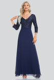 A Line 3/4 Sleeve V-neck Sequins and Chiffon Prom Dresses