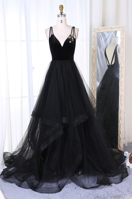 New Arrival A Line V-Neck Black Velvet Up Tulle Backless Sleeveless Long Prom Dress PH333