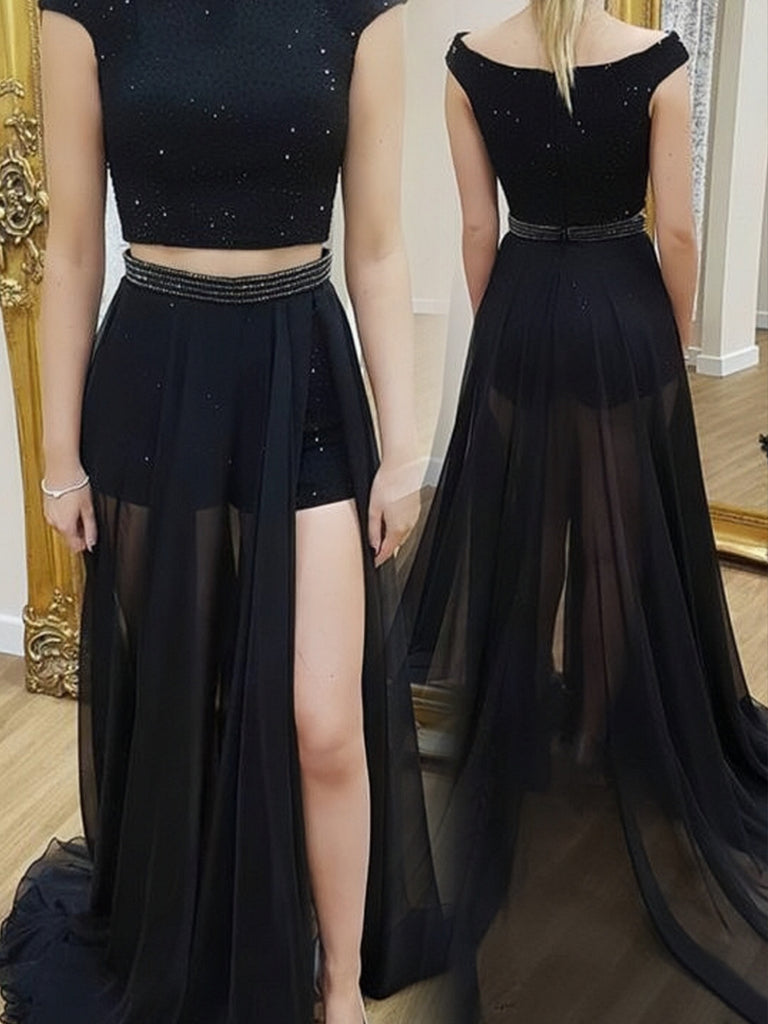 Two Pieces Off The Shoulder Sequins Black Chiffon Prom Dresses PW461