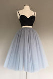 Two Pieces Black and Silver Short Tulle Sweetheart Spaghetti Strap Homecoming Dress PM200