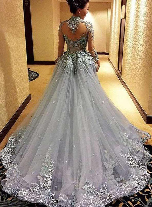 High Neck A-line Long Sleeve Tulle Appliques Sweep Train Long Prom Dresses uk PM416