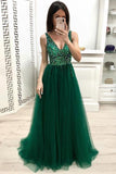 Unique A Line V Neck Beading Prom Dresses, Long Tulle Green Evening Dresses PW893