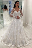 Unique Appliques V-Neck A-Line Long Sleeves Wedding Dress V Back Bridal Dresses PW474
