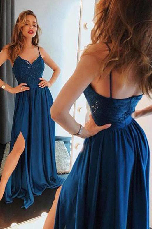 Unique Blue Spaghetti Straps Lace Prom Dresses Satin Sweetheart Side Slit Party Dress PW563