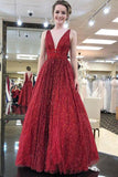 Unique Burgundy Sequins Tulle Prom Dress V Neck A Line Backless Prom Dresses PW596 