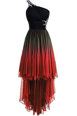 Unique One Shoulder Ombre Black and Red High Low Homecoming Dresses with Beads H1040