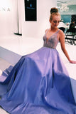 V-Neck Lavender Satin Long Prom Dresses Formal Dress with Beads Top Sleeveless PW632