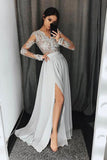Stylish A-Line V-Neck Long Sleeves Split Front Gray Chiffon Long Prom Dresses uk PM327