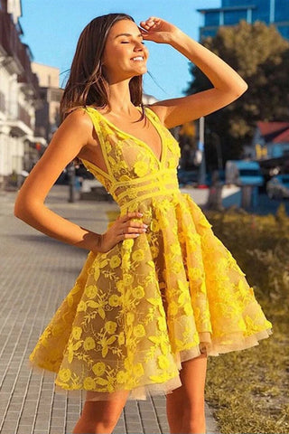 Vintage Yellow Lace Appliques V Neck Short Party Dress Above Knee Homecoming Dress H1149