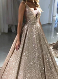 Chic Ball Gown Sleeveless Deep V-Neck Gold Sequins Prom Dress Evening Gowns
