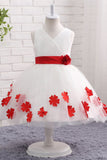 A Line V-Neck Sleeveless Appliques Tulle Flower Girl Dress With Big Bowknot WH13812