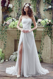 A Line Strapless Sequins Silk Like Satin Split Court Train Wedding Dress With Pearls WH20251