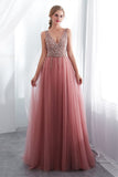 Unique A Line V-Neck Beading Sleeveless Split Prom Dress Sequins Party Dress WH30651