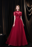 Unique A Line High Neck Short Sleeve Floor Length Prom Dress Sequins Party Dress WH361011