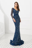 Mermaid V-Neck Long Sleeve Sequins Navy Blue Tulle Prom Dress With Sequins WH91693