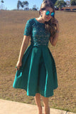 A Line Scoop Knee-length Hunter Green Lace Homeocming Dress PH928