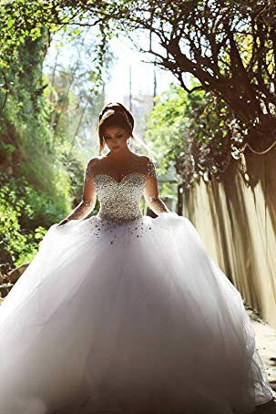 Sheer Beaded Long Sleeves Sweetheart Crystals Tulle Wedding Dresses