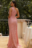 Elegant One Shoulder Dusty Pink Split Thigh Sequins Evening Gown