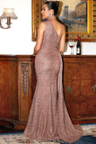 Elegant One Shoulder Dusty Pink Split Thigh Sequins Evening Gown