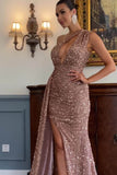 Elegant One Shoulder Dusty Pink Split Thigh Sequins Evening Gown