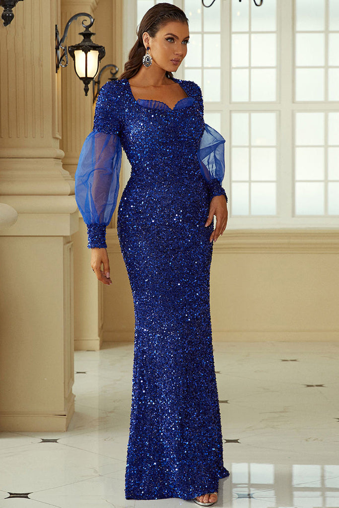 Sweetheart Long Mesh Sleeve Prom Dresses Blue Glitter Sequins Evening Dresses