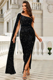Sparkly One Shoulder Cloak Sleeve Long Evening Dresses High Split Sequins Prom Dresses