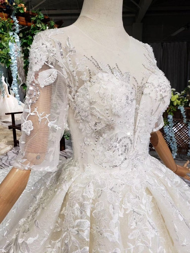 Lace Half Sleeve Round Neck Ball Gown Wedding Dresses Fashion Beads Wedding Gown PW775