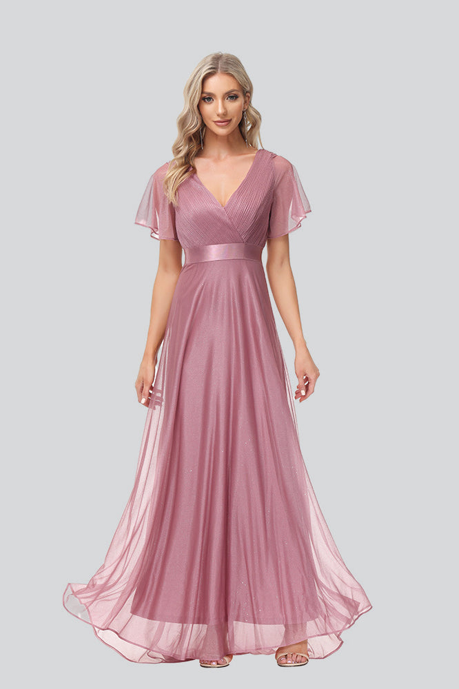 A Line Short Sleeve V-neck Chiffon long Prom Dresses Flowy Bridesmaid Dresses