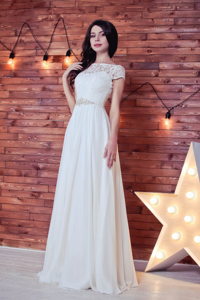 Lace Romantic White Chiffon A-Line Floor-Length Bateau Short Sleeve Wedding Dress PM413