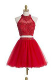 Two-piece Scoop Short Red Beaded Homecoming Dress with Appliques Sequins PM485