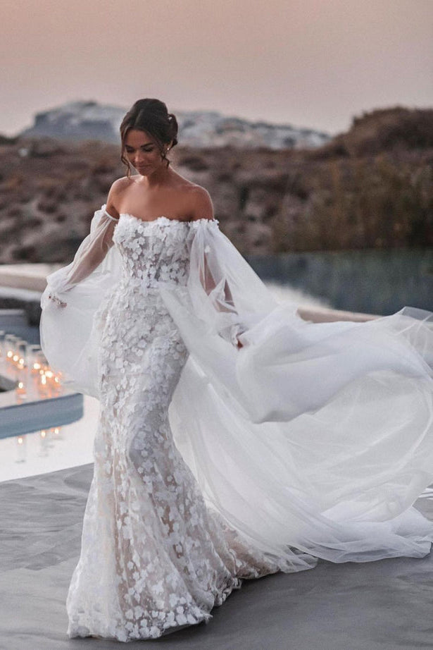 Mermaid Strapless Lace Beach Wedding Dress with Detachable Train N108
