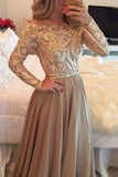 Hot Selling A-Line Cowl Floor Length Gold With Long Sleeves Prom Dresses