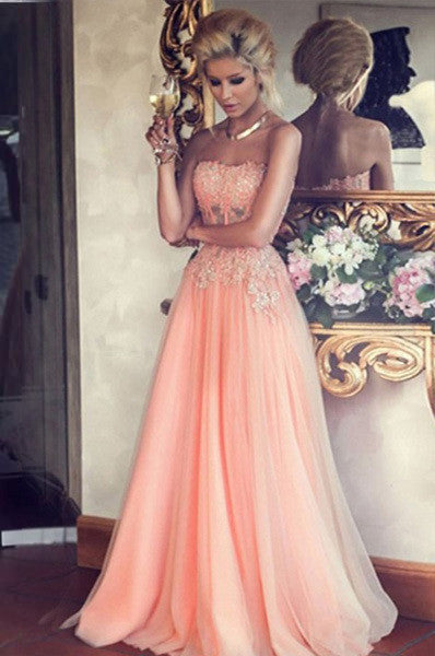 Blush Pink Tulle A Line Strapless Lace Appliqued Long Party Dress