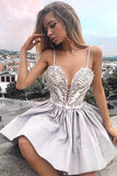 A Line Spaghetti Strap V Neck Silver Lace Appliques Satin Mini Homecoming Dresses uk PH990