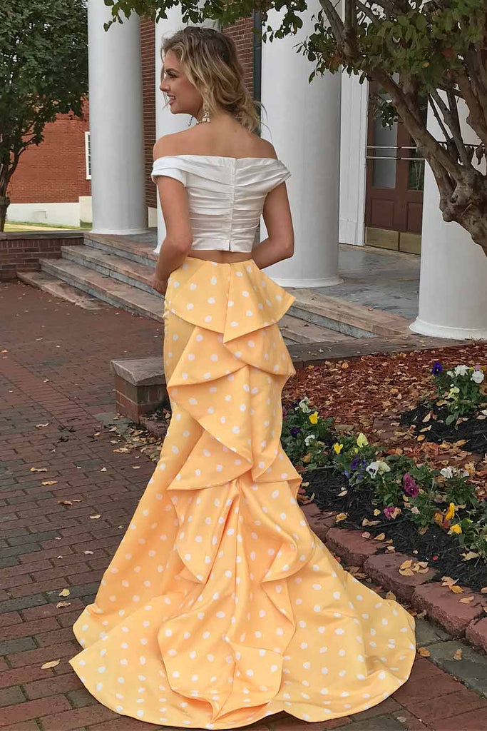 Two Piece Off-the-Shoulder White and Yellow Zipper V-Neck Mermaid Long Prom Dresses uk PH63