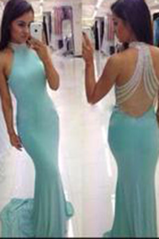 Royal Blue Long High Neck See Through Back Prom Dresses