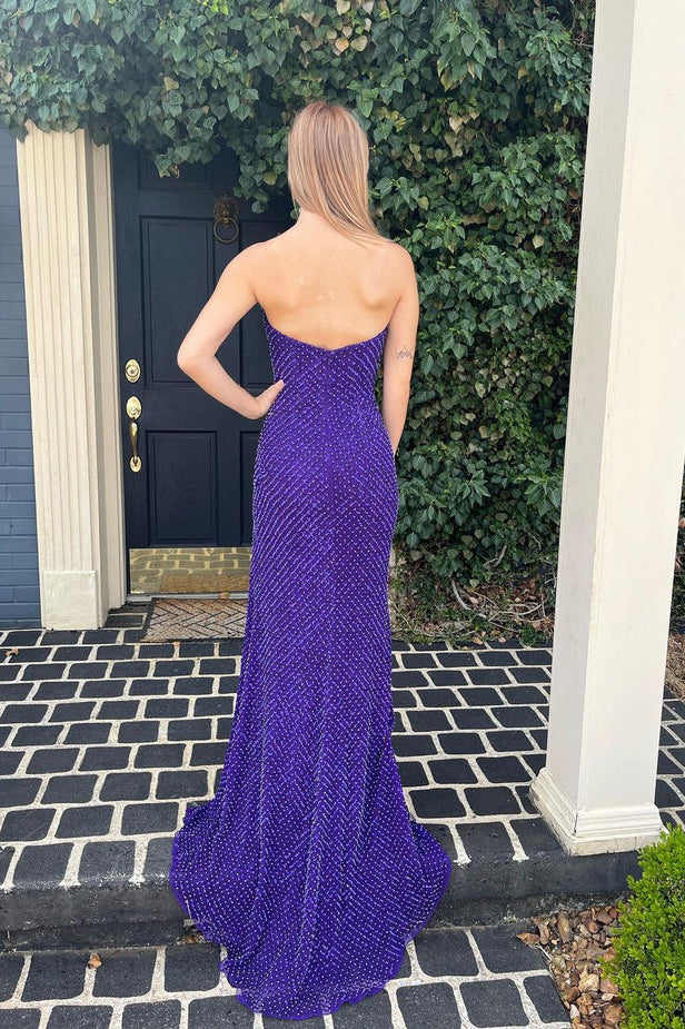 Mermaid Strapless Purple Sequins Long Prom Dress with Slit N109