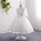 A Line Round Neck Half Sleeve Appliques Tulle Flower Girl Dresses With Pearls WH19821