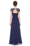 Elegant Lace Cap Sleeve Chiffon Evening Gowns Open Back Bateau Long Prom Dress P1191