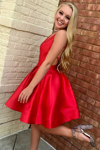 A-Line V-Neck Open Back Short Mini Red Satin Knee Length Homecoming Dresses uk PH662