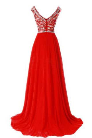 Red Long Chiffon Silver Beaded Gown With Cap Sleeves Prom Dresses