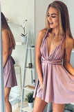 A Line Deep V Neck Above Knee Blush Pink Criss Cross Chiffon Homecoming Dresses uk PH840