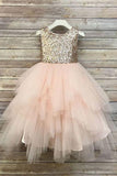 Princess A Line Gold Sequin  Round Neck Blush Pink Cute Tulle Baby Flower Girl Dress uk PH828